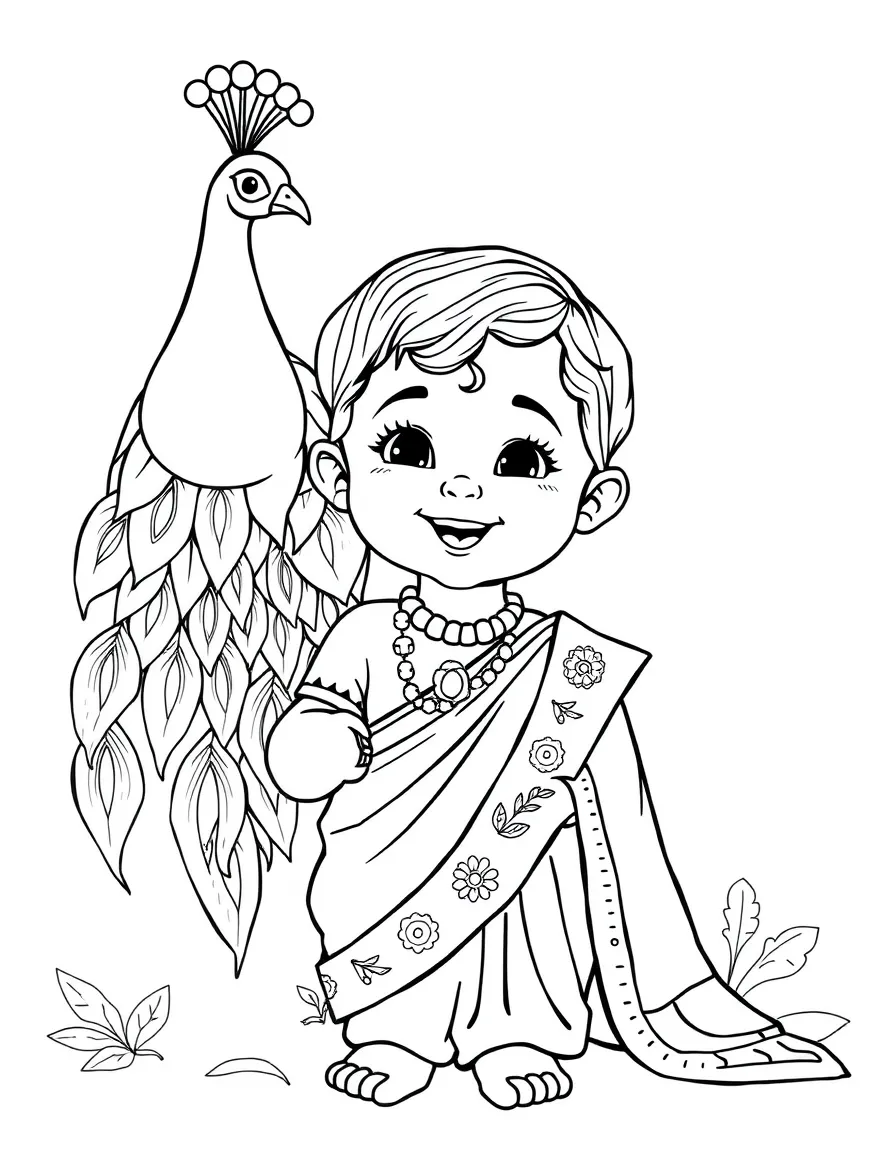 A happy child with a peacock and a sari for India.