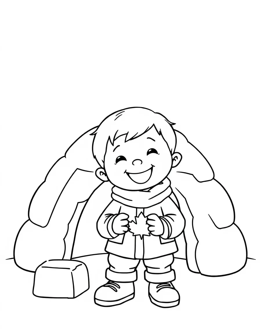 A cheerful child building an igloo for Canada.