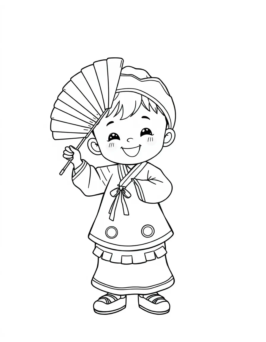 A happy child with a traditional Korean fan dance for South Korea.