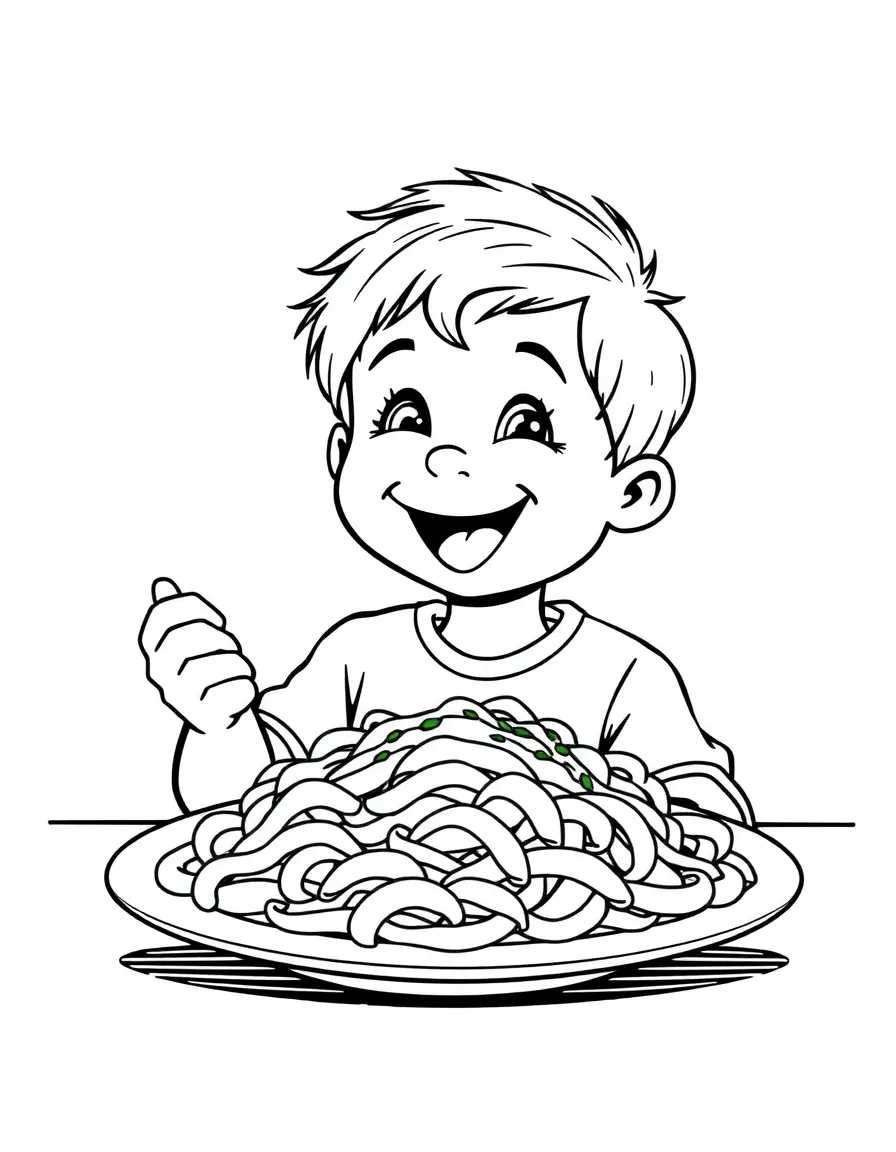A happy child eating a big plate of pasta for Italy.