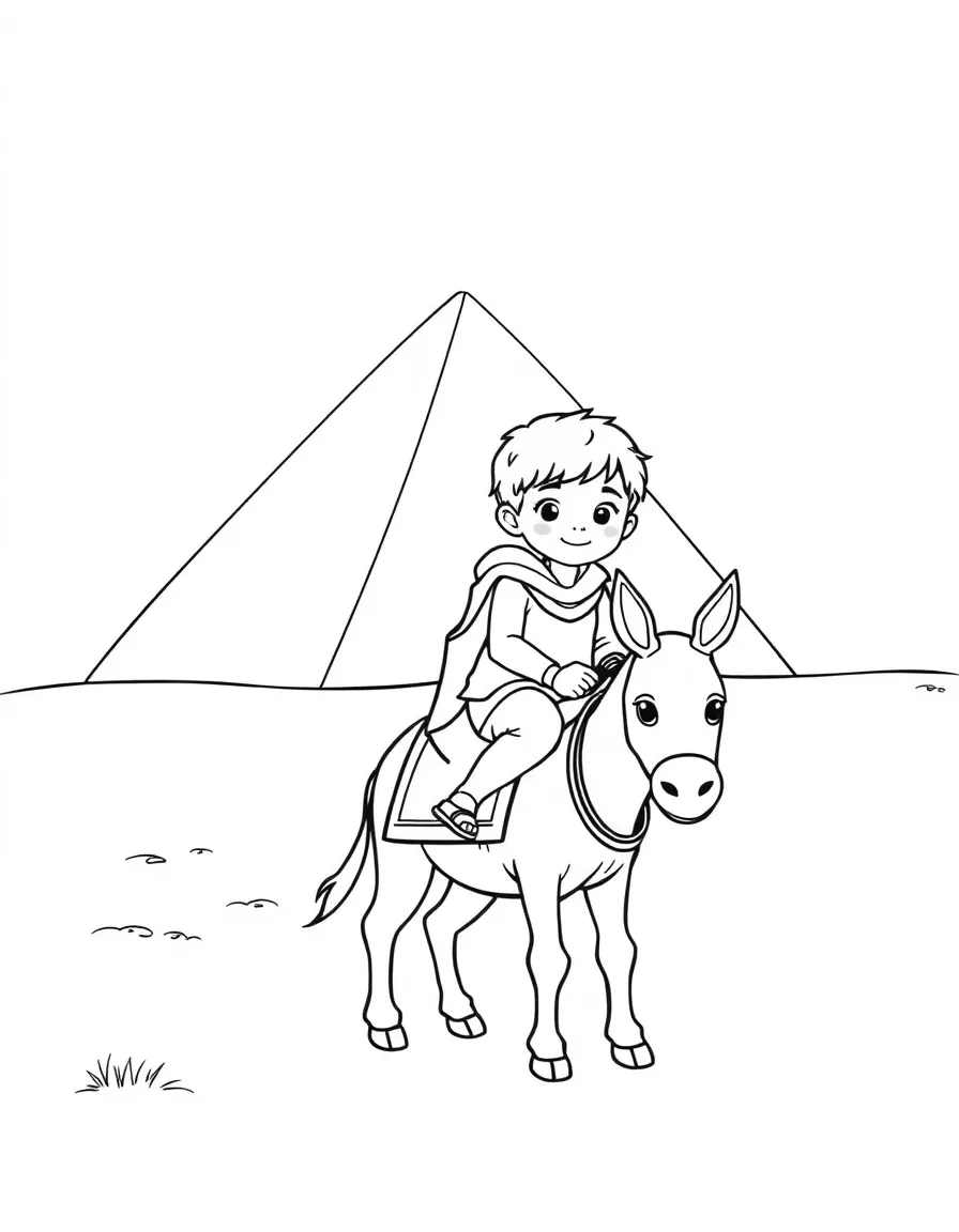 A child riding a donkey near a pyramid for Egypt.