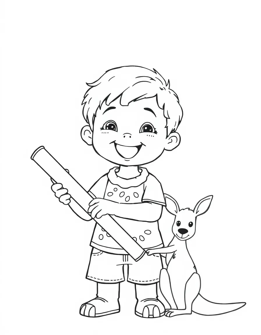 A happy child with a didgeridoo and a kangaroo for Australia.