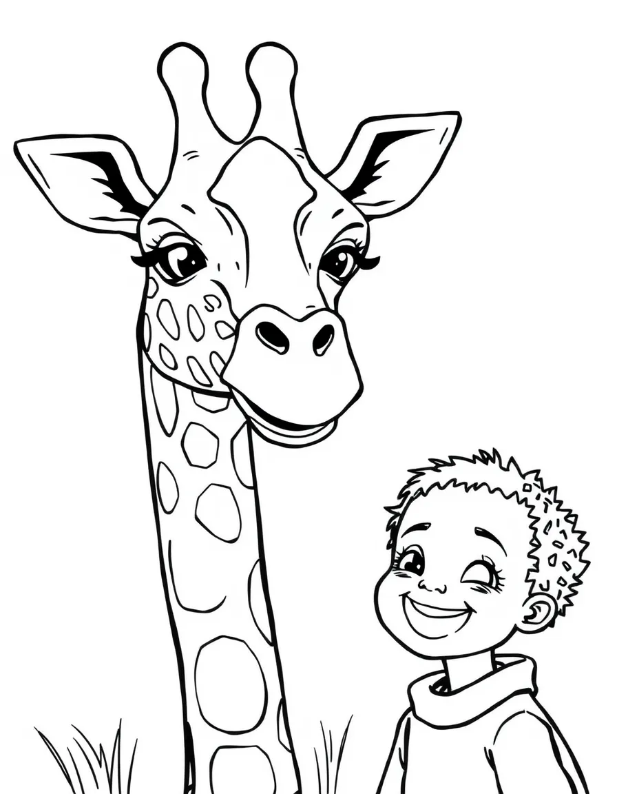 A cheerful child watching a giraffe for Kenya.