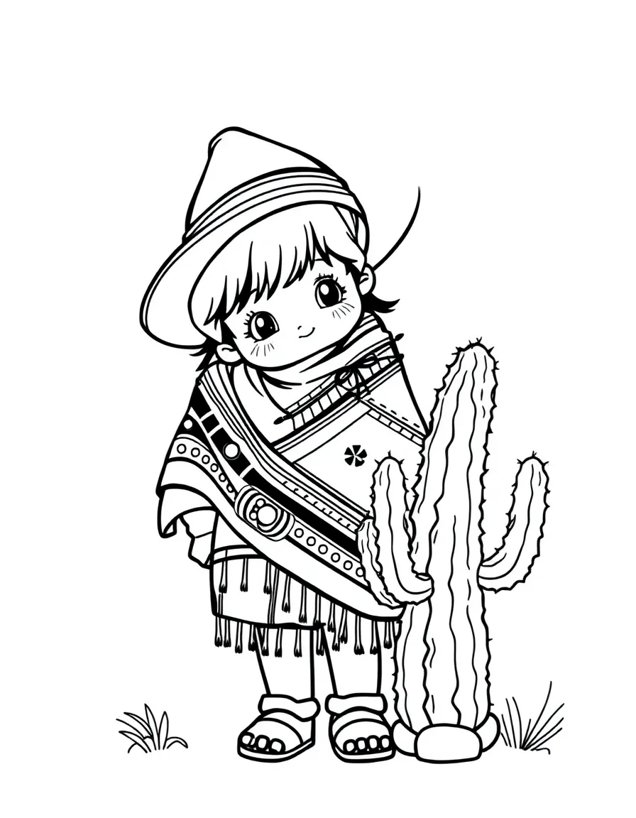A child with a colorful blanket (serape) and a cactus for Mexico.