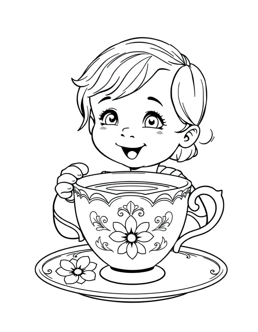 A smiling child drinking tea in a fancy teacup for United Kingdom.