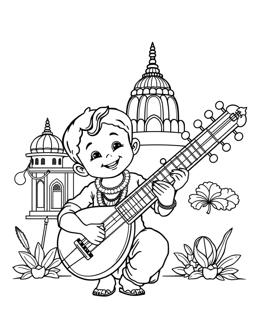 A happy child with a sitar and a temple for India.