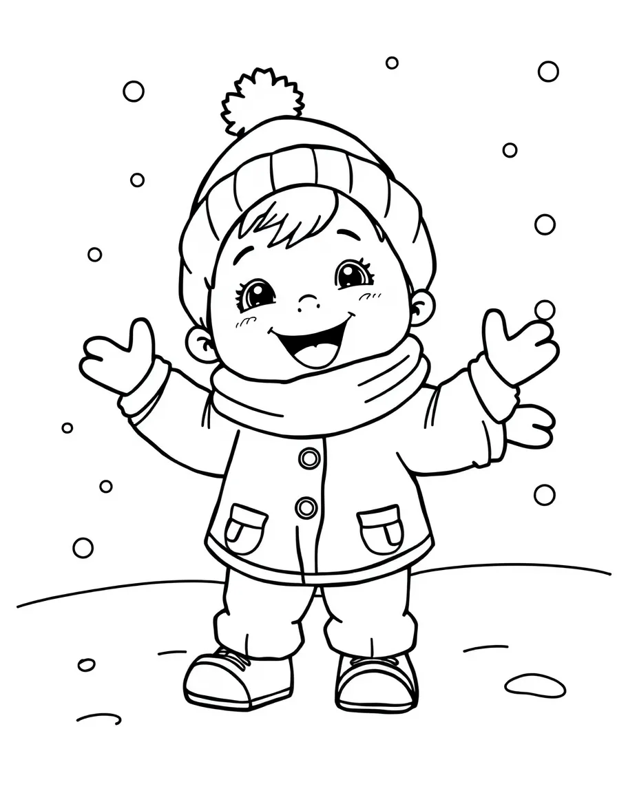 A cheerful child playing in the snow with a maple leaf for Canada.
