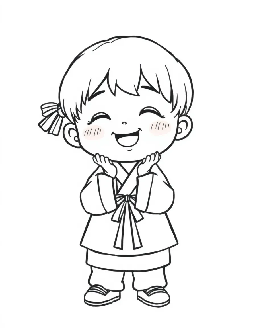 A happy child doing a traditional Korean bow for South Korea.