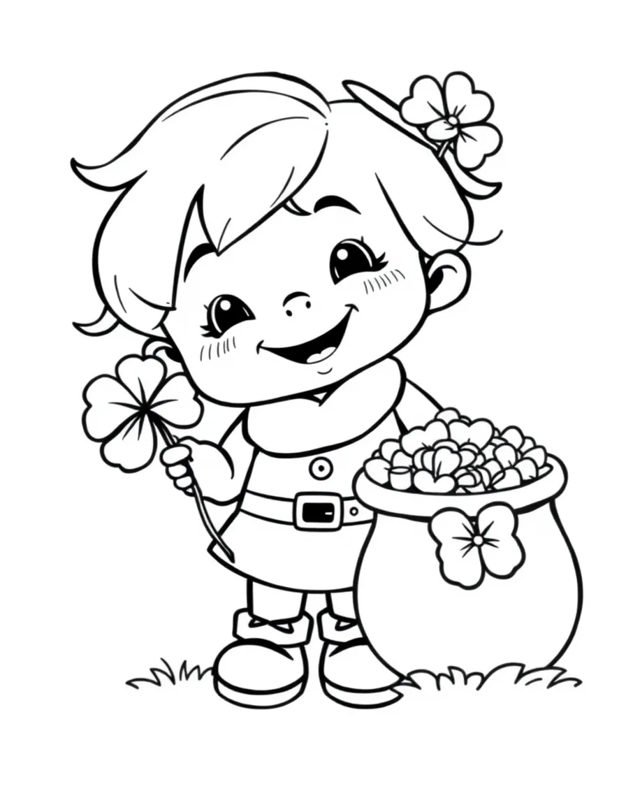 A cheerful child with a pot of gold and a lucky shamrock for Ireland.