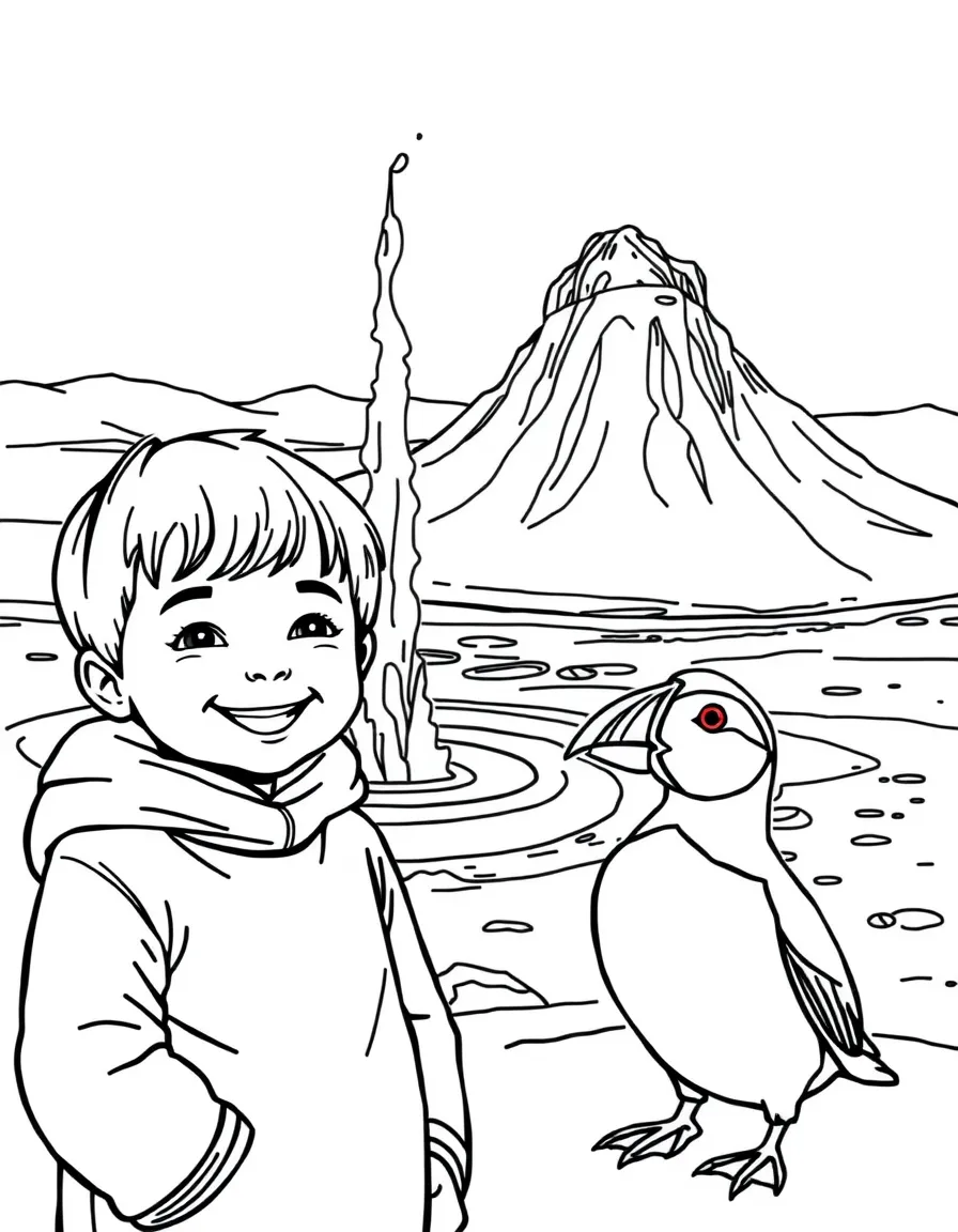 A smiling child near a geyser and a puffin for Iceland.
