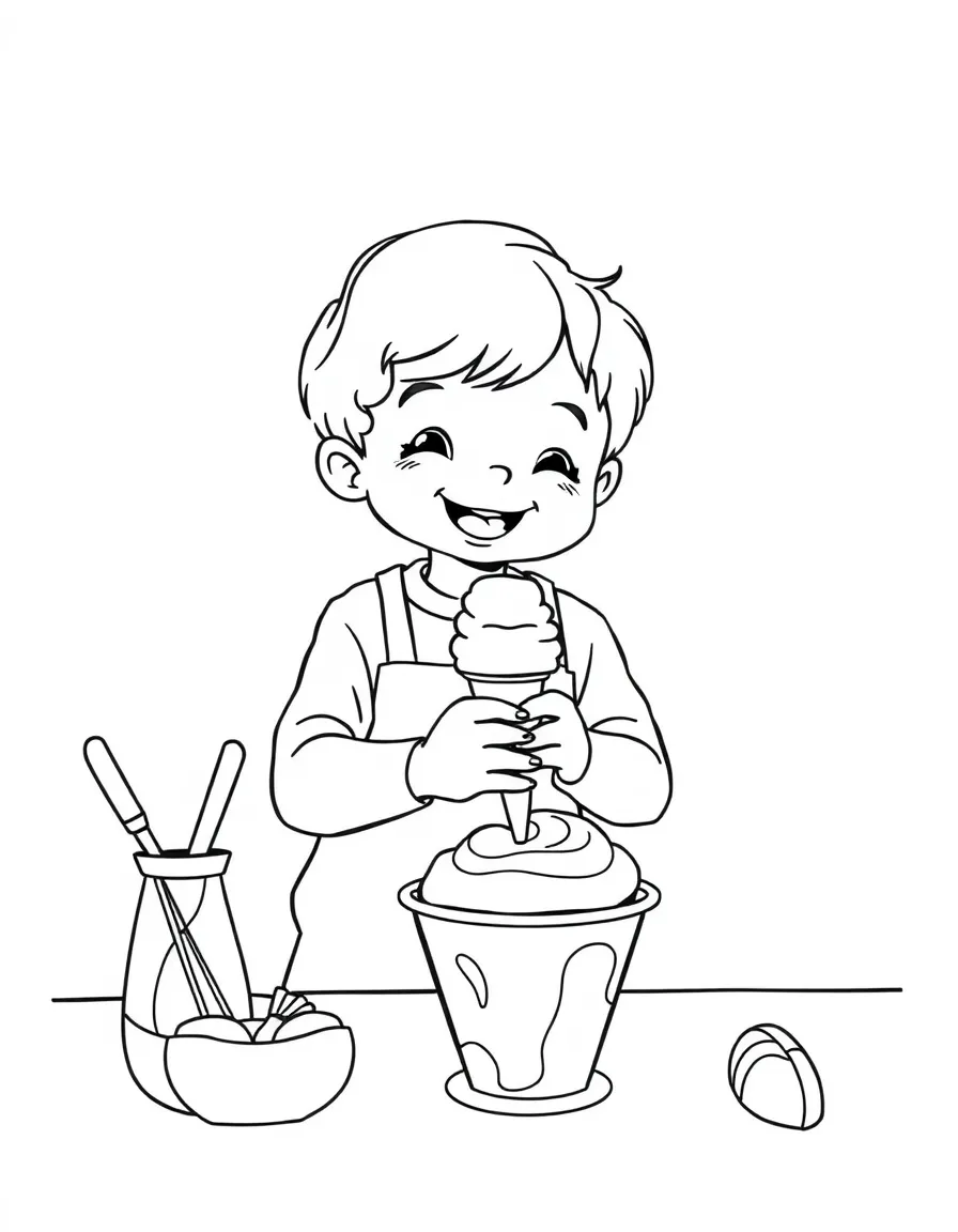 A happy child making gelato for Italy.