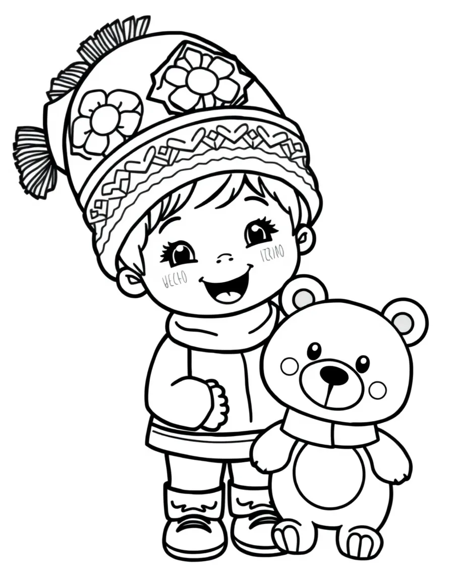 A cheerful child with a traditional Russian hat (ushanka) and a happy bear for Russia.
