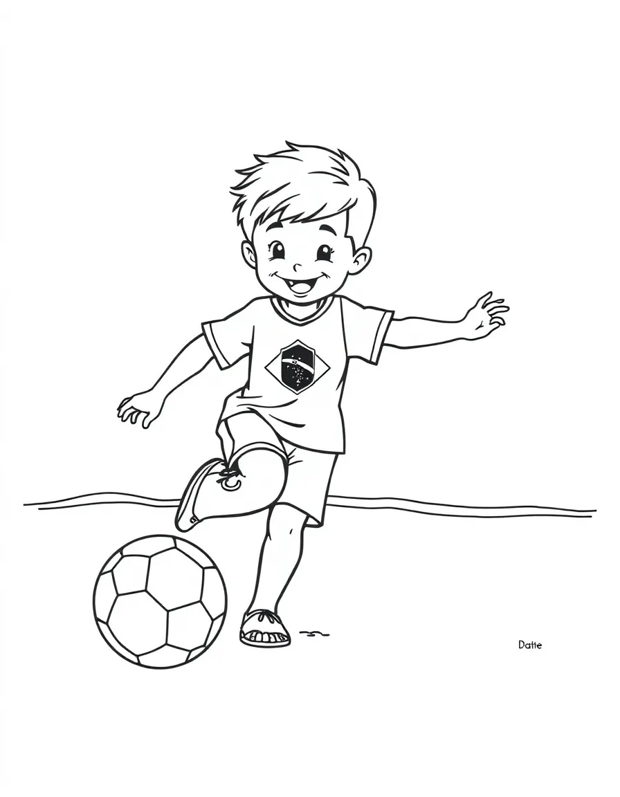 A smiling child kicking a soccer ball on the beach for Brazil.