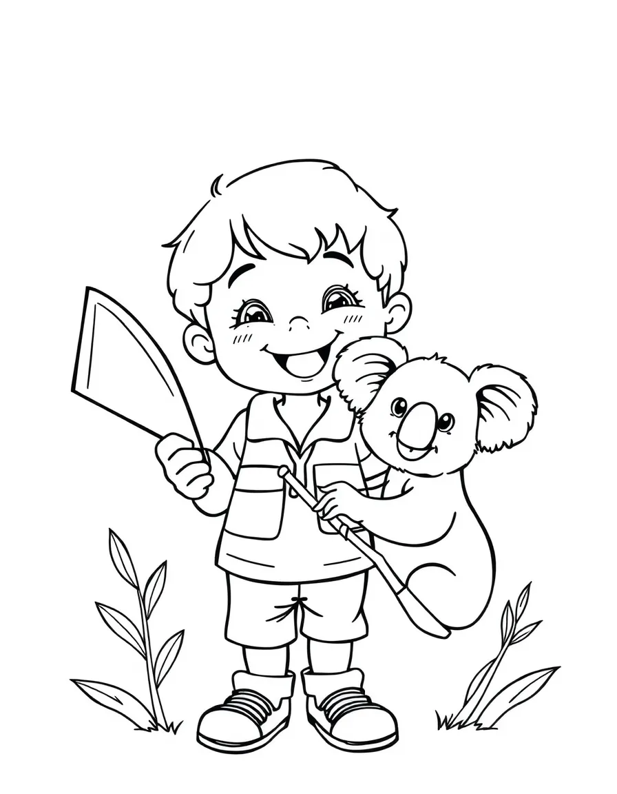 A happy child with a boomerang and a koala for Australia.