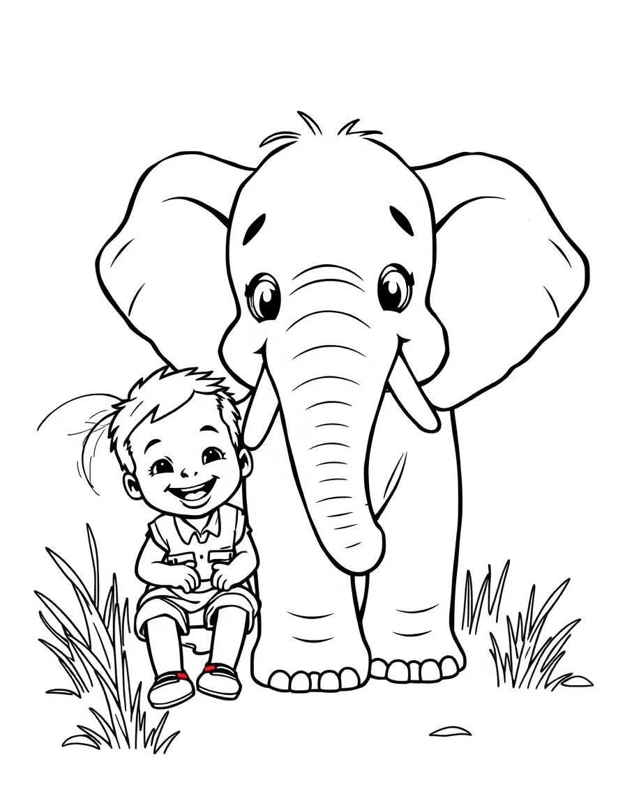 A cheerful child on a safari with a friendly elephant for Kenya.