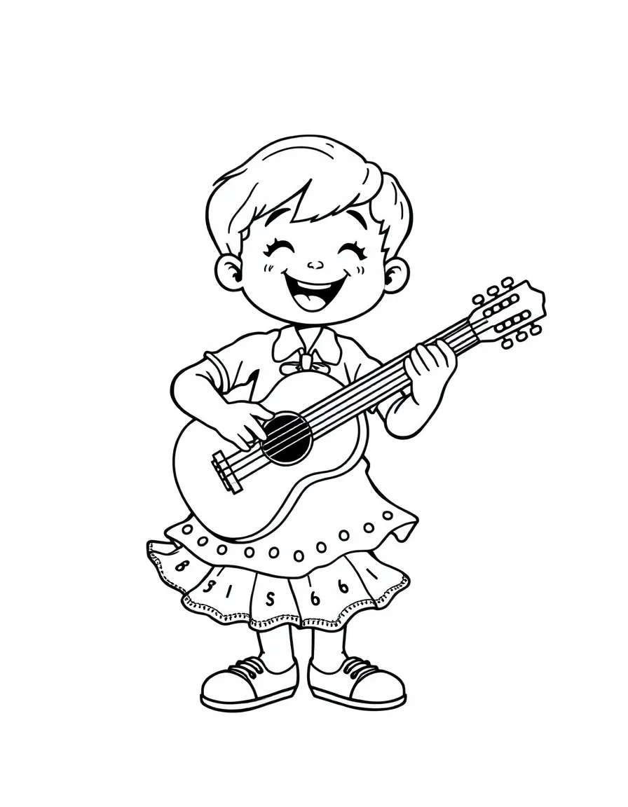 A happy child playing a guitar and dancing flamenco for Spain.