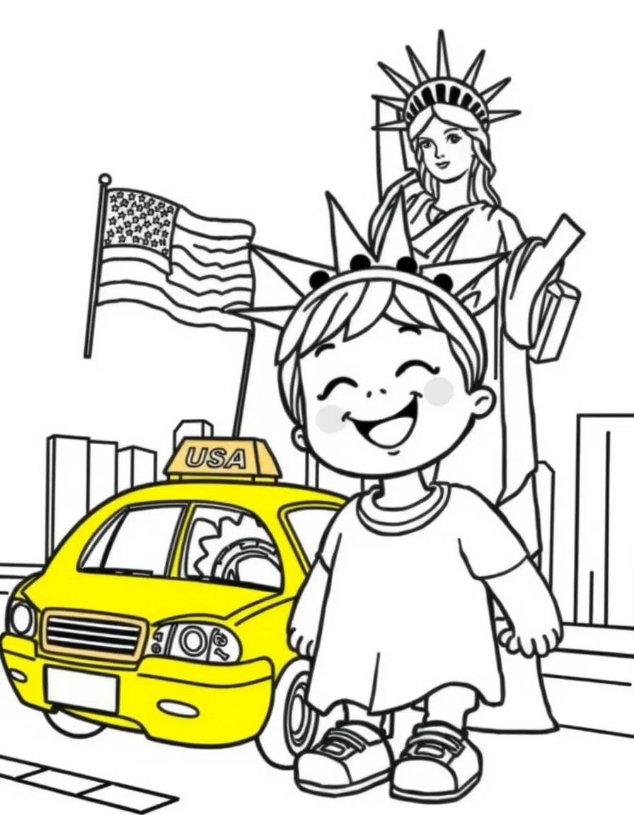 A cheerful child with a Statue of Liberty and a yellow taxi for USA.