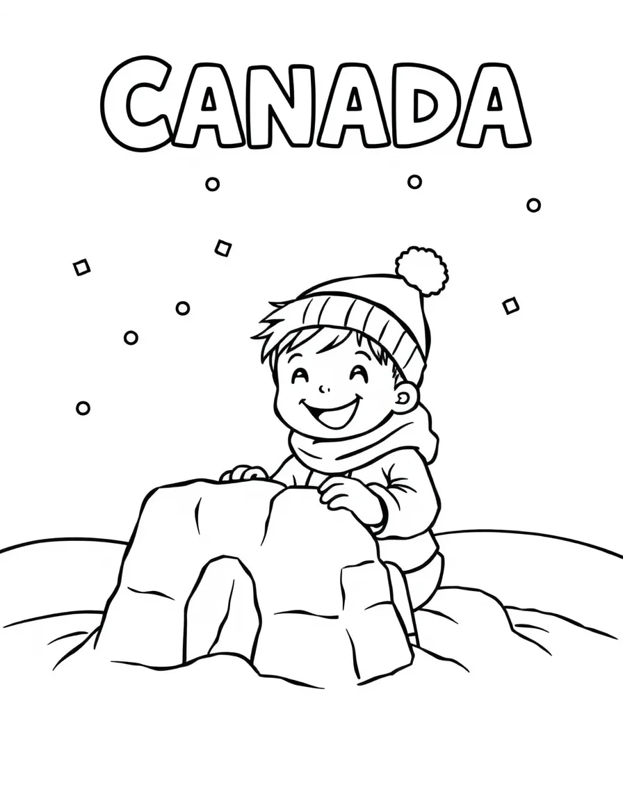 A cheerful child building a snow fort for Canada.