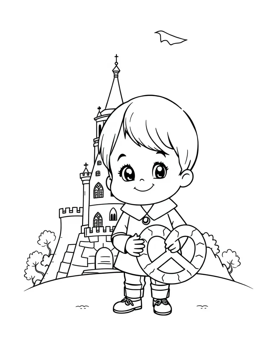 A child with a German castle and a pretzel for Germany.