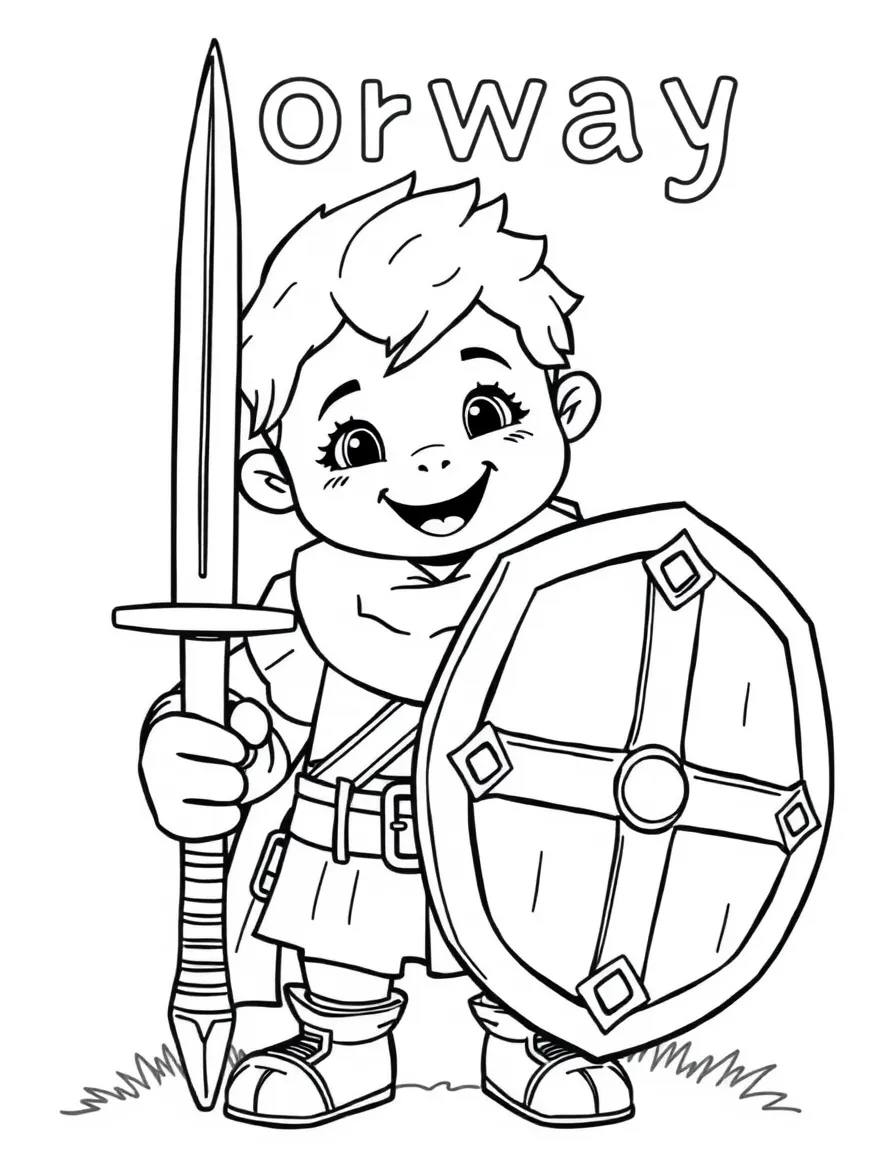 A smiling child with a Viking sword and shield for Norway.