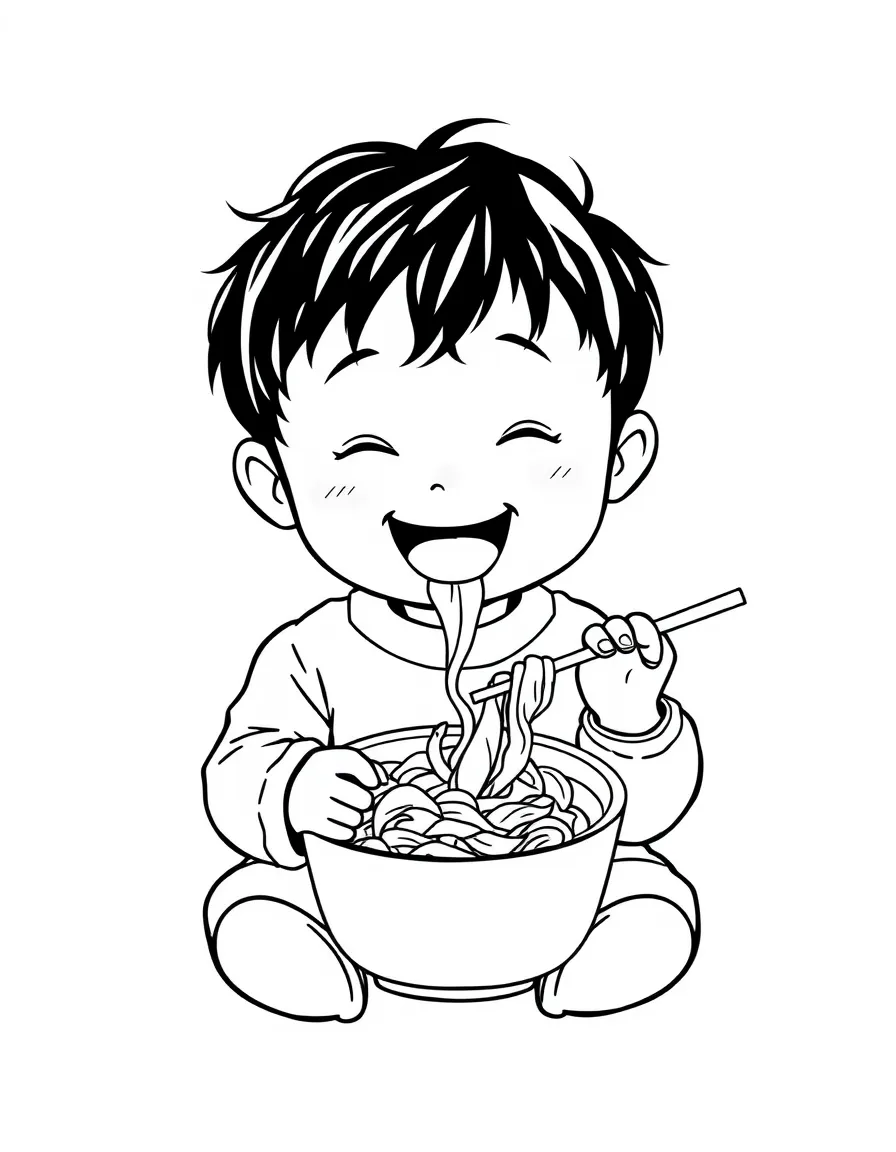 A happy child eating kimchi for South Korea.