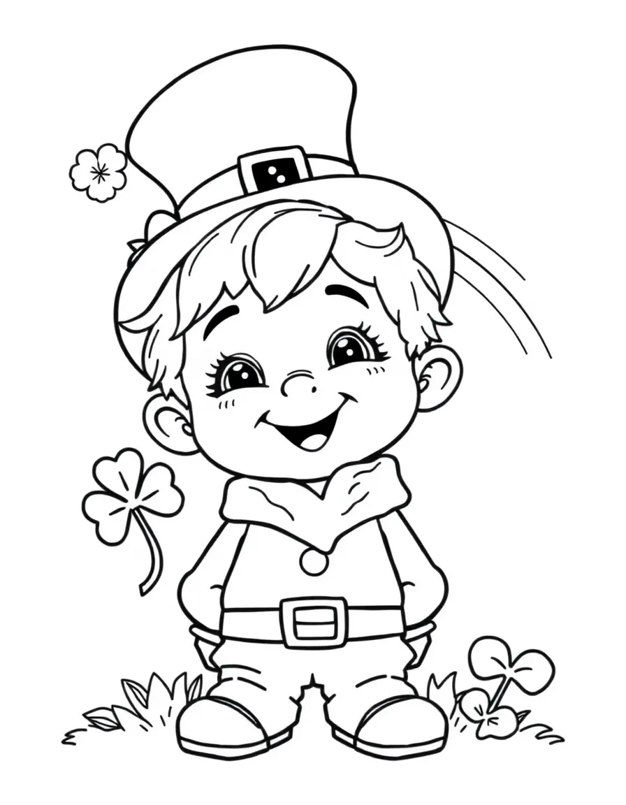 A cheerful child with a leprechaun and a rainbow for Ireland.