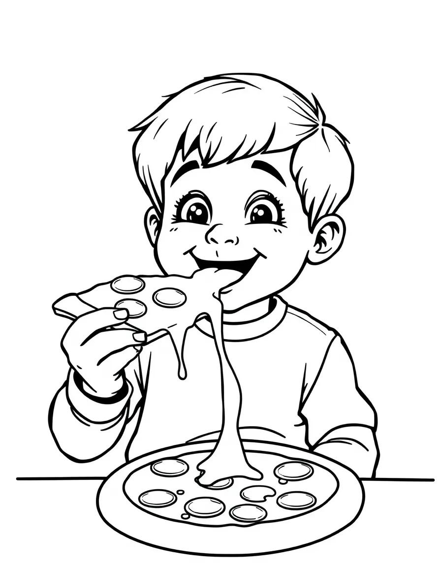 A happy child eating a pizza slice with cheese pulling for Italy.
