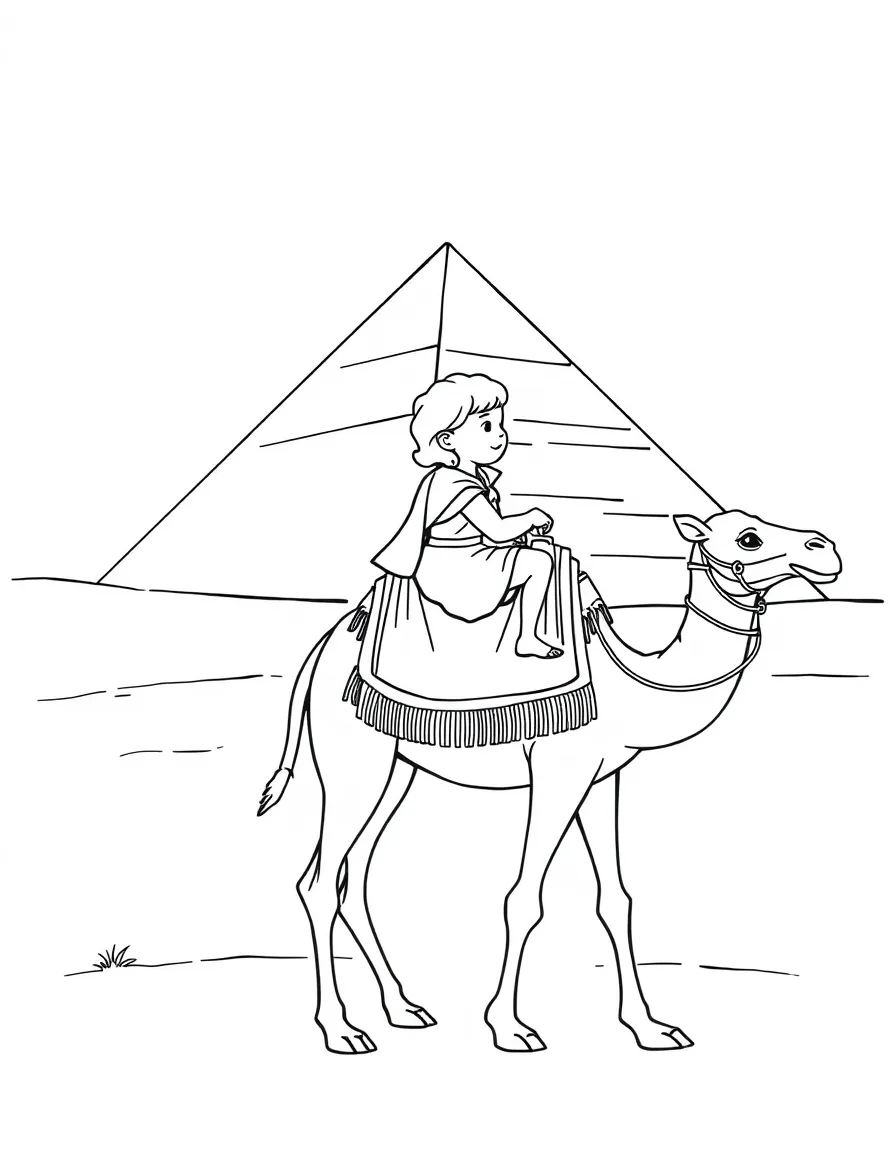 A child riding a camel with a pyramid in the background for Egypt.