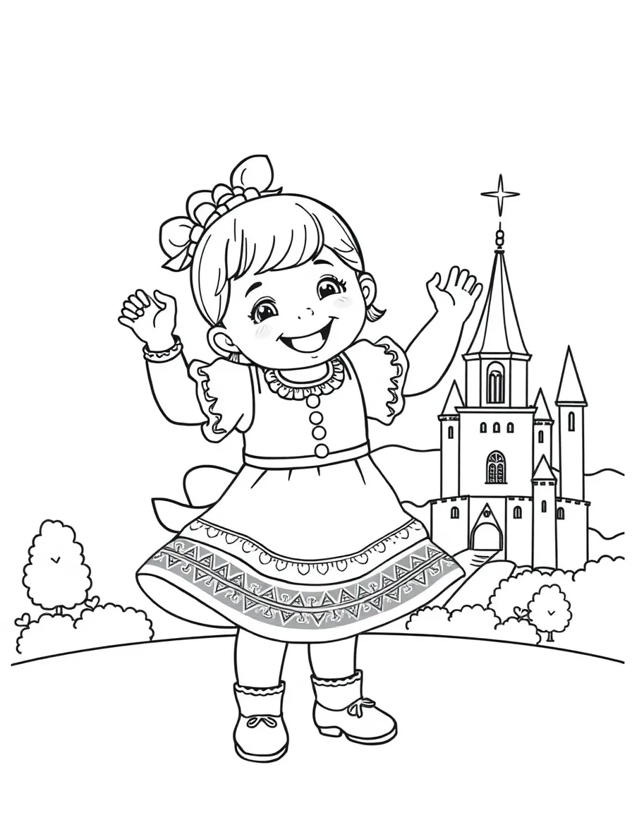 A happy child with a traditional dance and a castle for Austria.