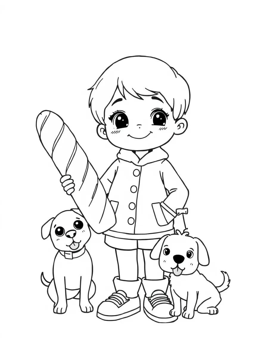 A child holding a baguette and a small dog for France.