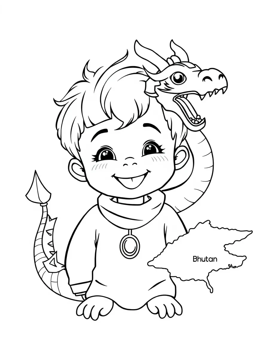 A happy child with a dragon and a map of Bhutan.