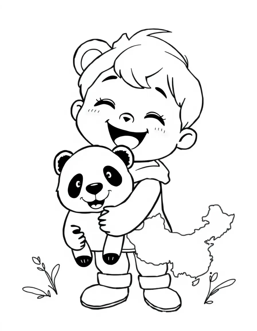A cheerful child with a panda and a map of China.