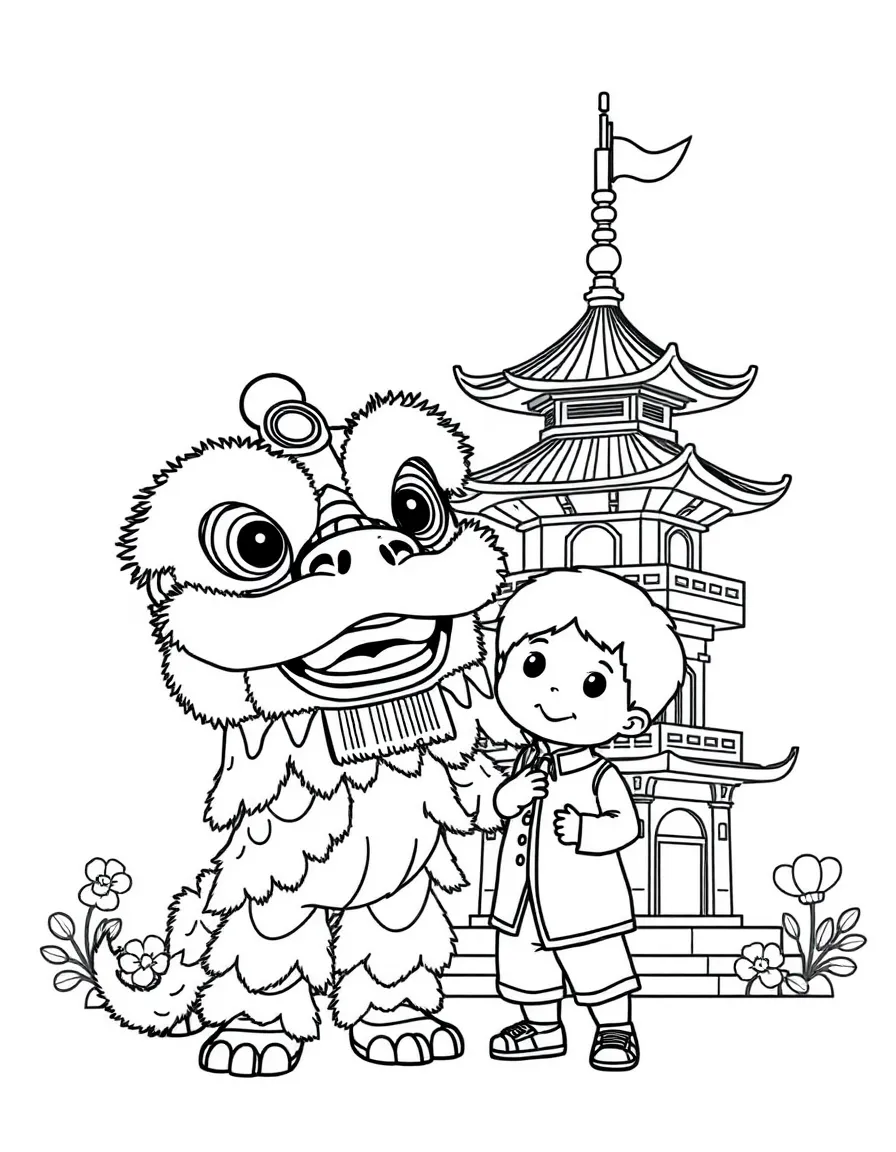 A child with a lion dance and a pagoda for Singapore.