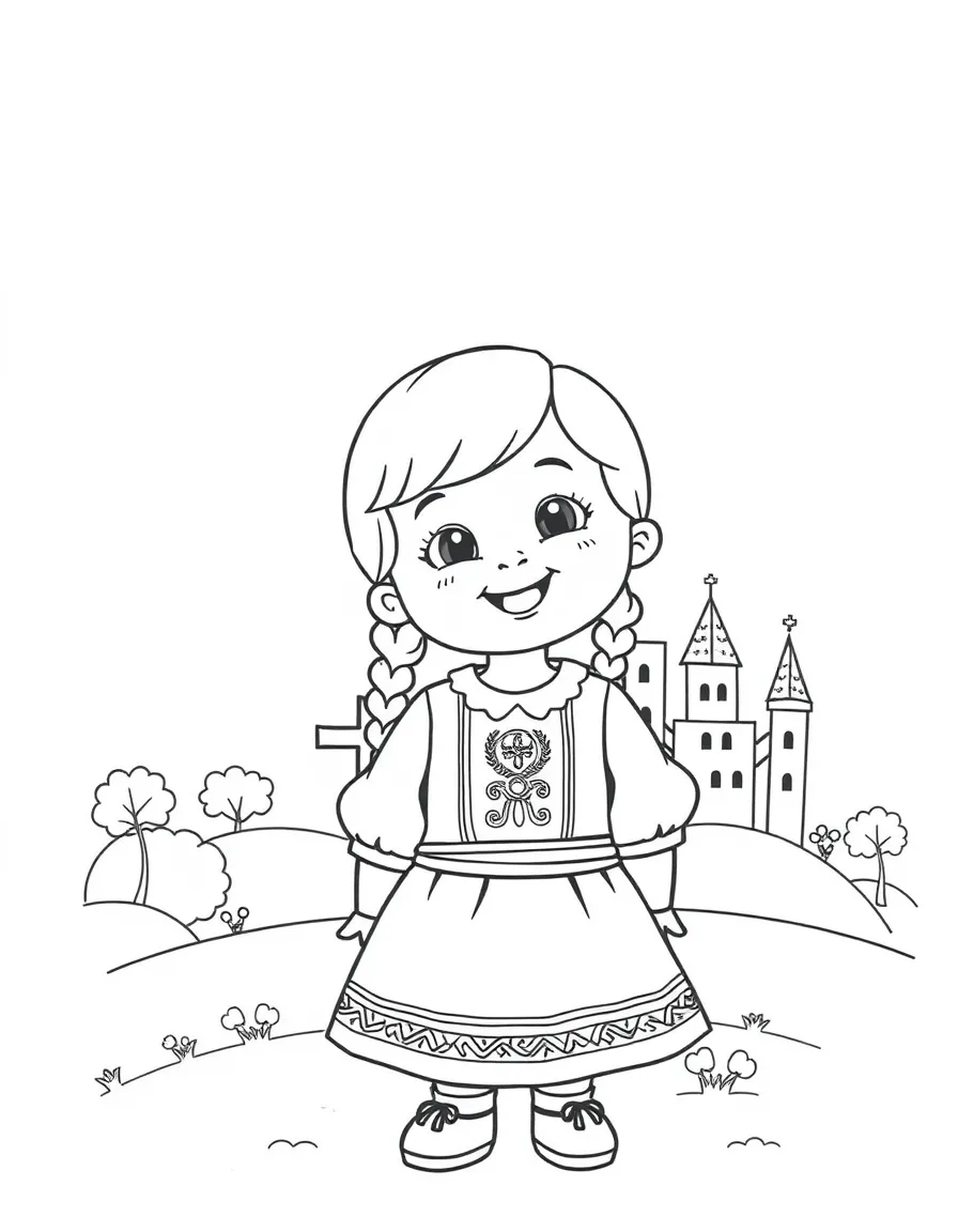 A happy child with a traditional costume and a castle for Romania.
