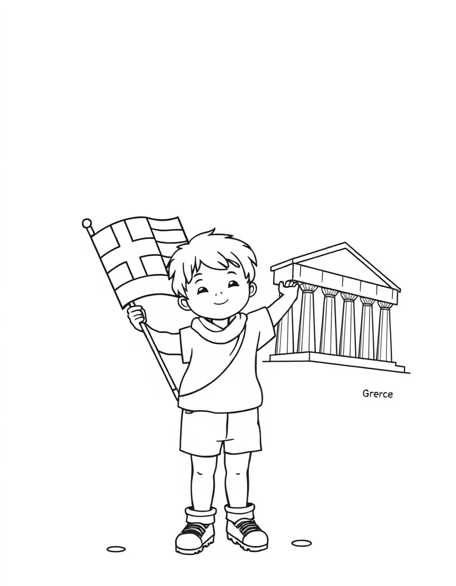 A child holding a flag of Greece and a temple.