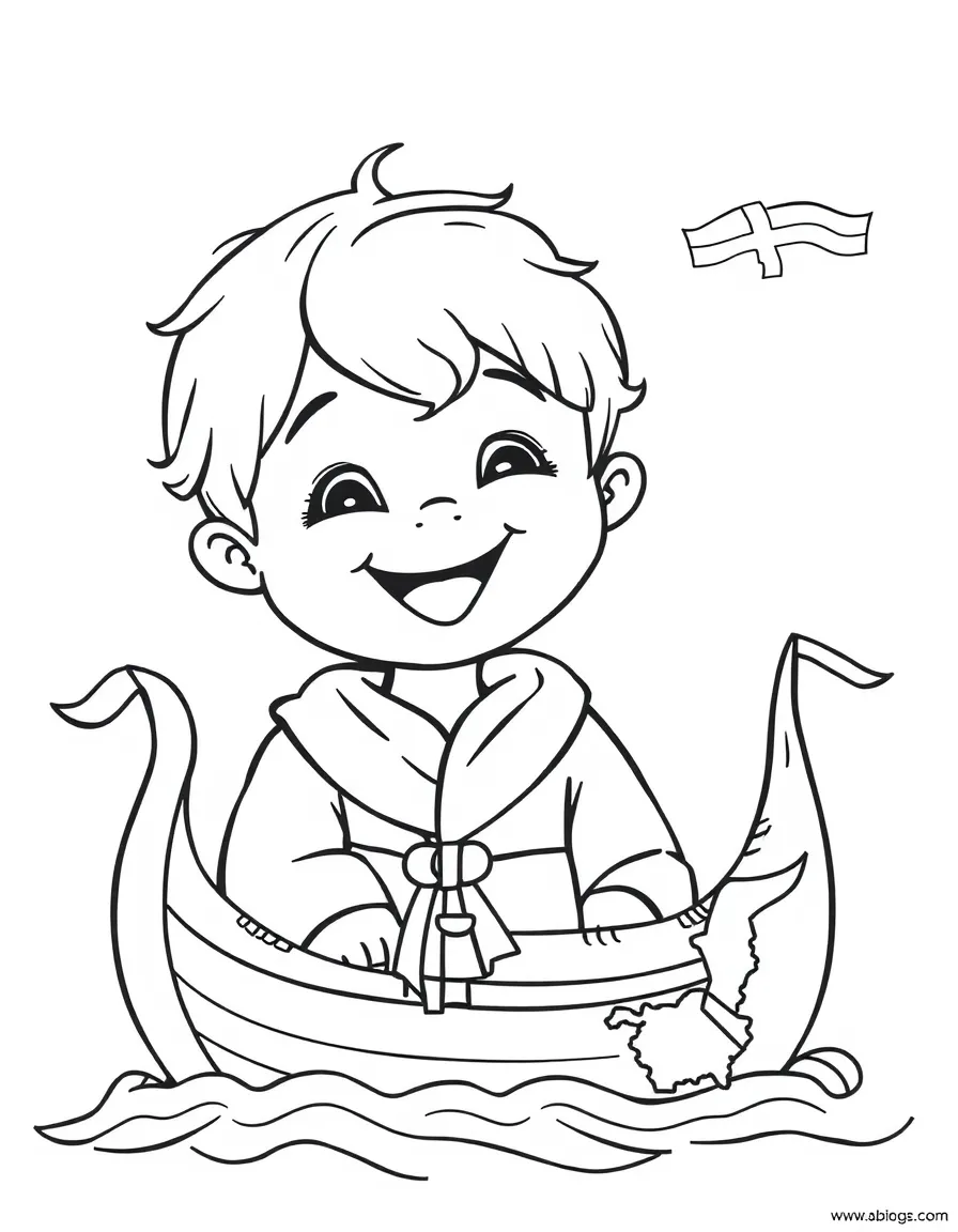 A happy child with a viking ship and a map of Sweden.