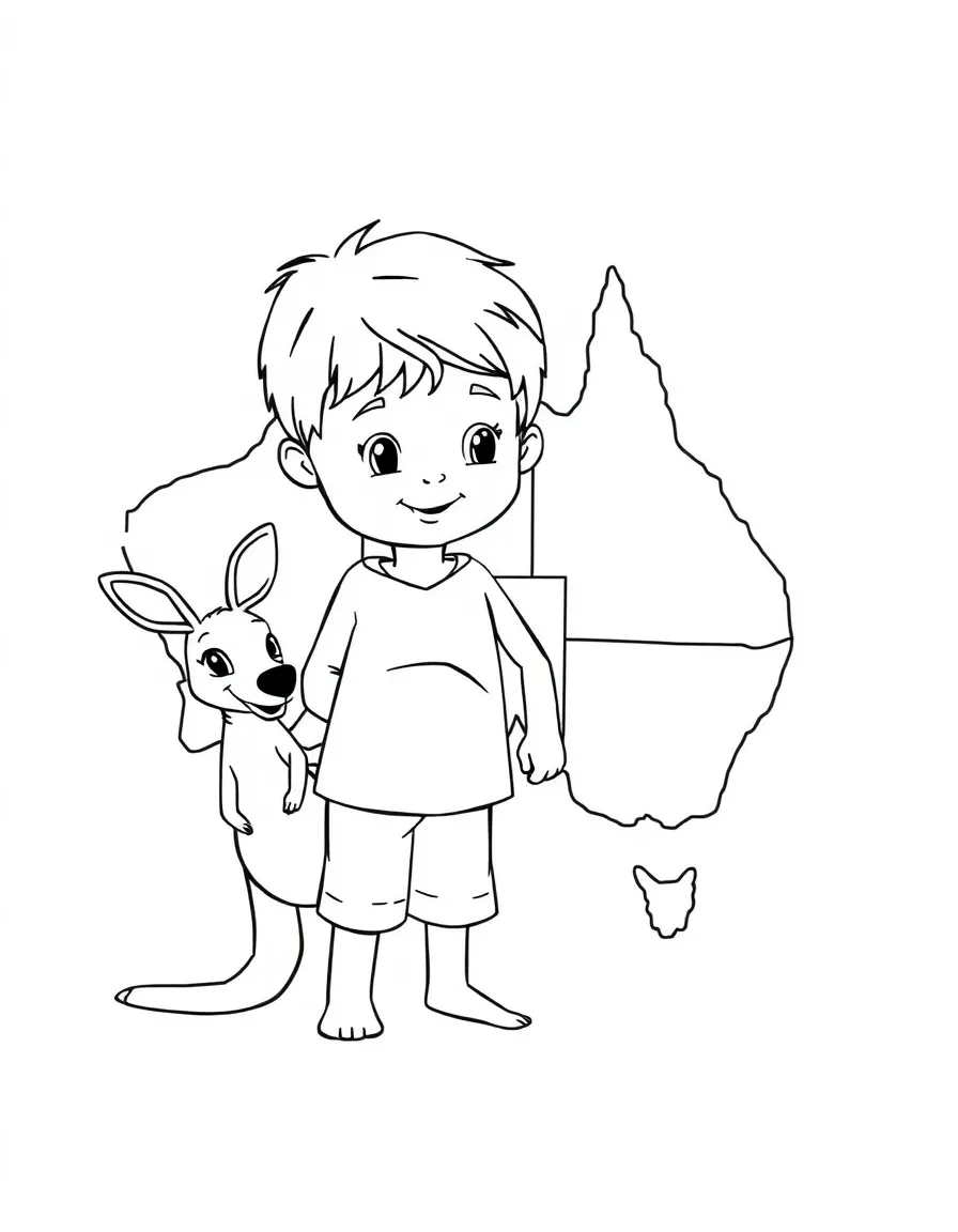 A child with a kangaroo and a map of Australia.