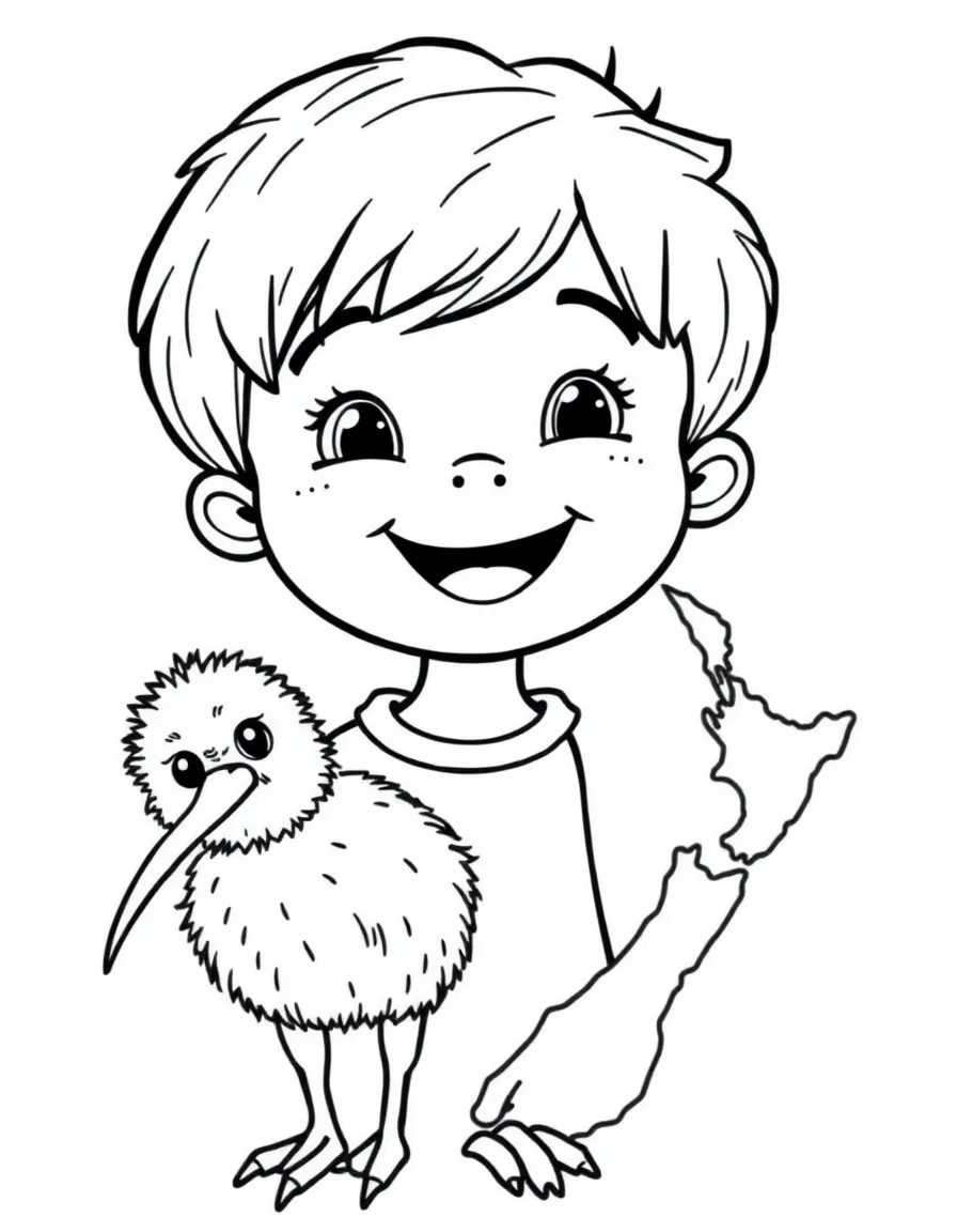 A smiling child with a kiwi bird and a map of New Zealand.