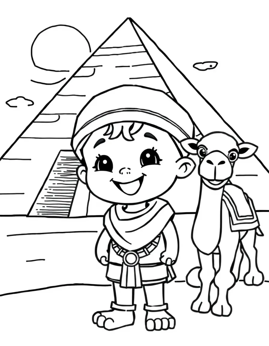 A cheerful child with a pyramid and a camel for Egypt.