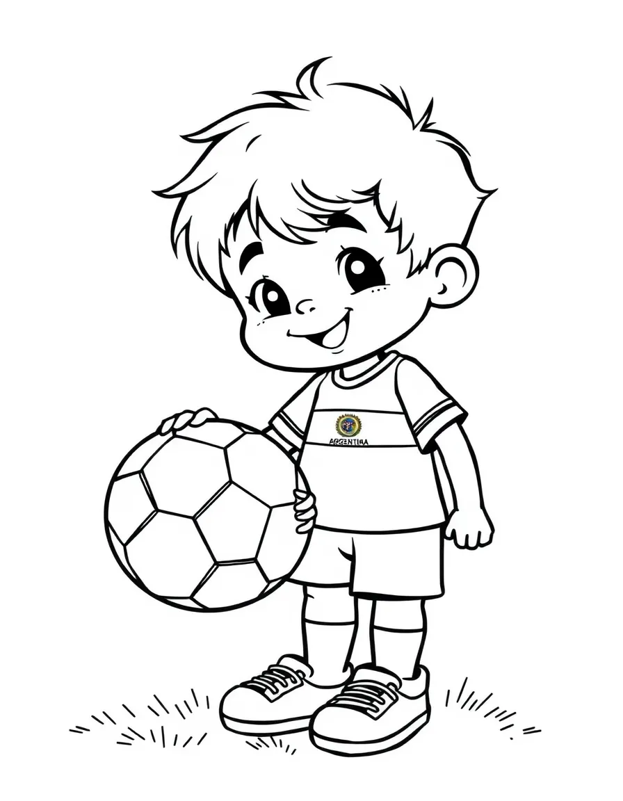 A child with a soccer ball and a map of Argentina.