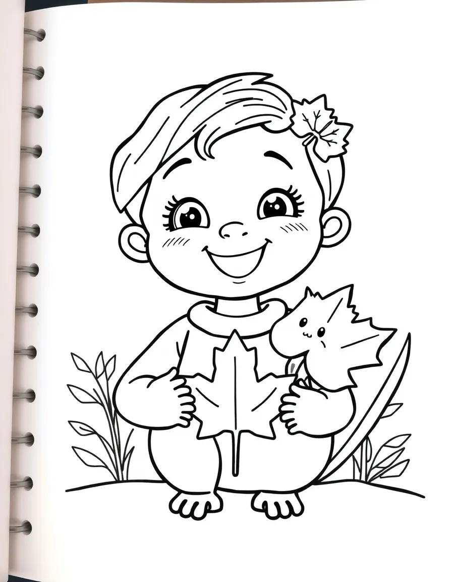 A smiling child with a maple leaf and a beaver for Canada.