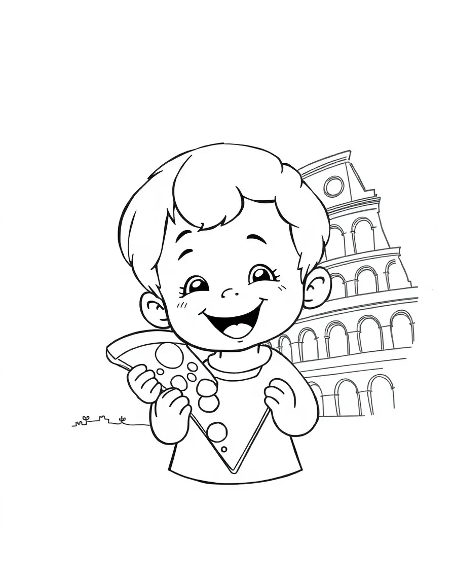 A happy child with a pizza slice and a colosseum for Italy.
