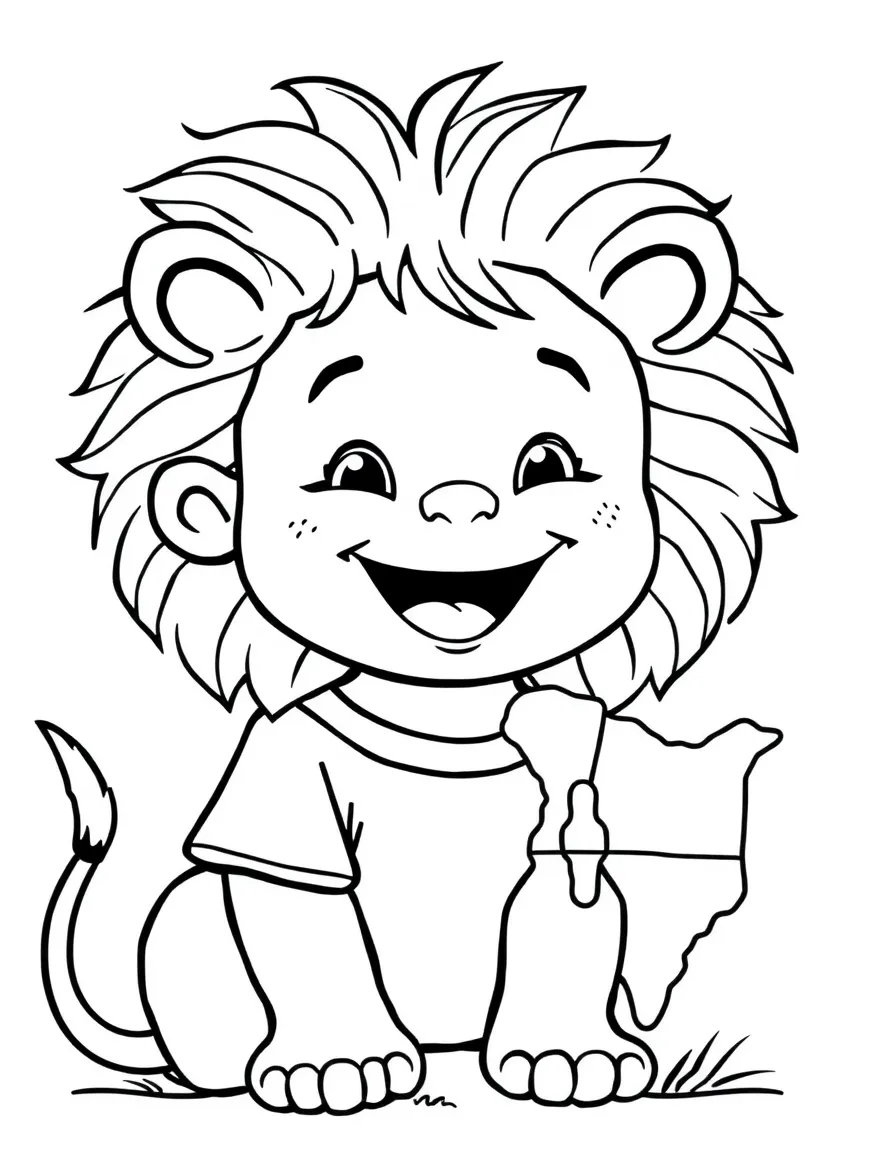 A cheerful child with a lion and a map of Kenya.