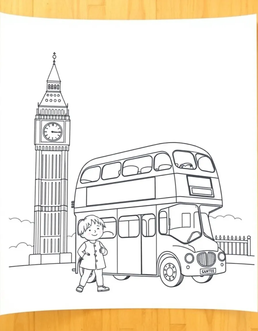 A child with a double-decker bus and Big Ben for United Kingdom.
