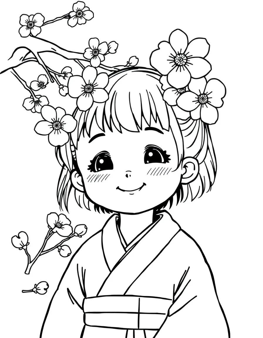 A smiling child with a kimono and a cherry blossom for Japan.