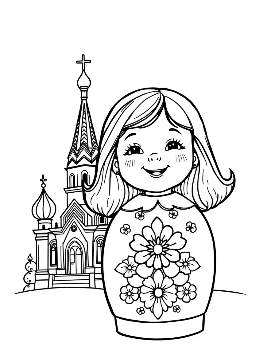 A happy child with a matryoshka doll and a onion dome building for Russia.