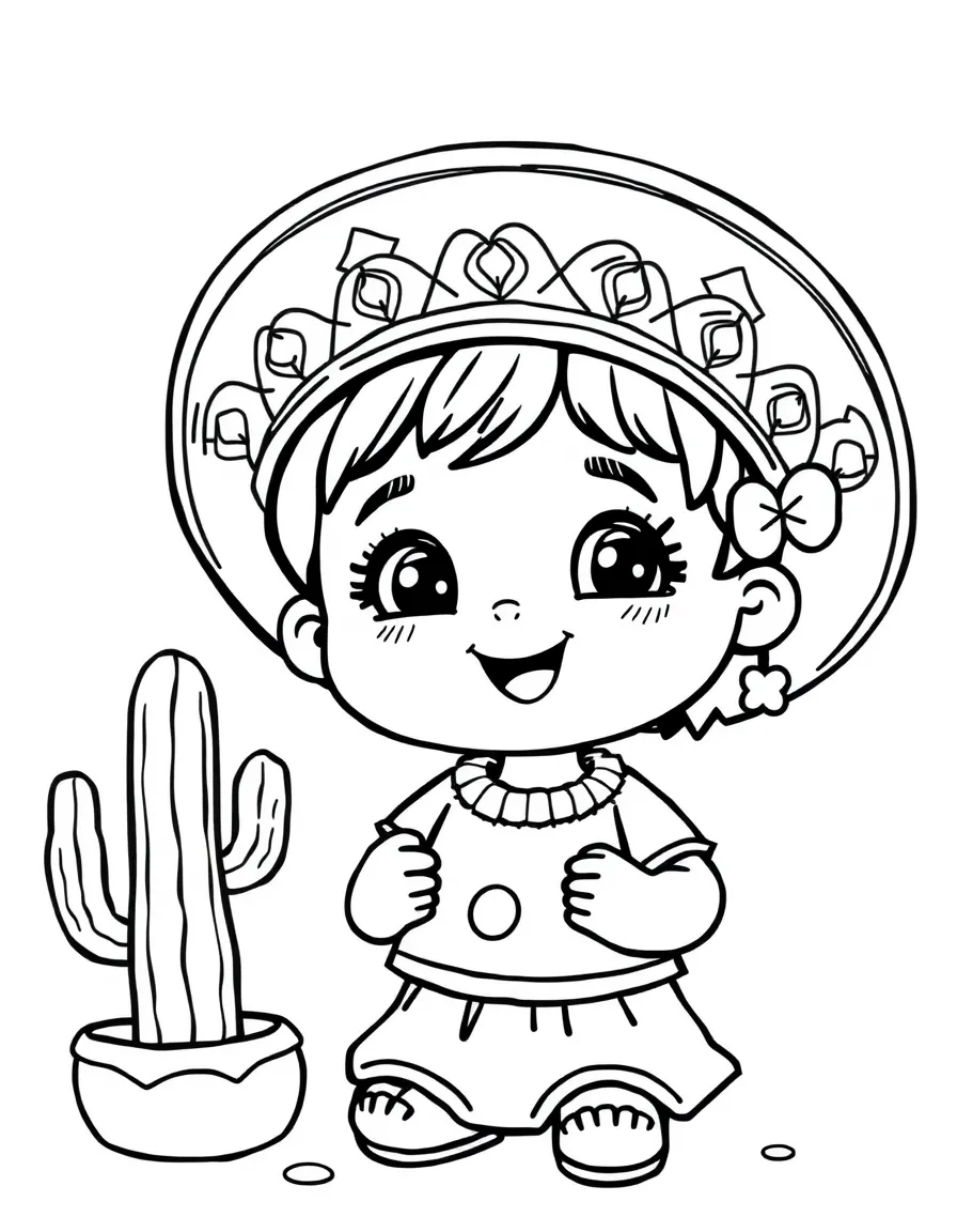 A cheerful child with a tortilla and a cactus for Mexico.