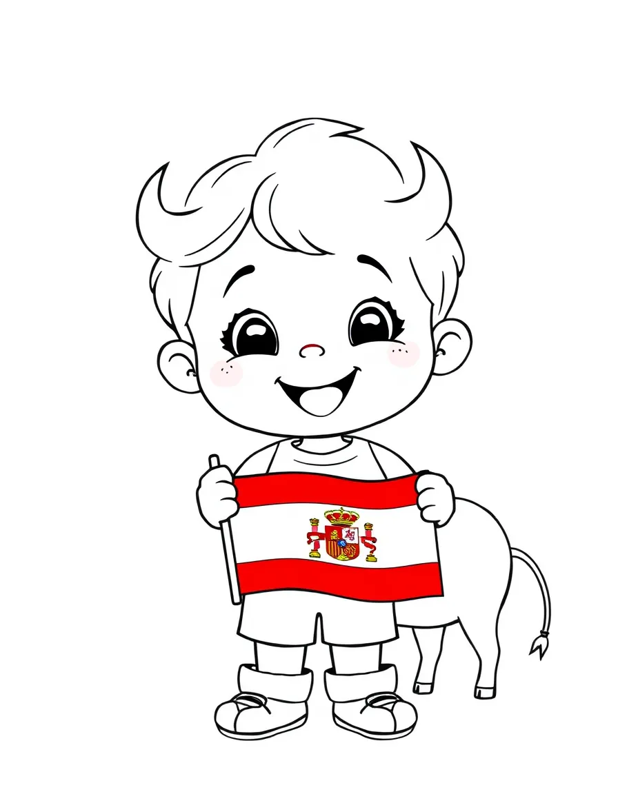 A smiling child with a flag of Spain and a bull.