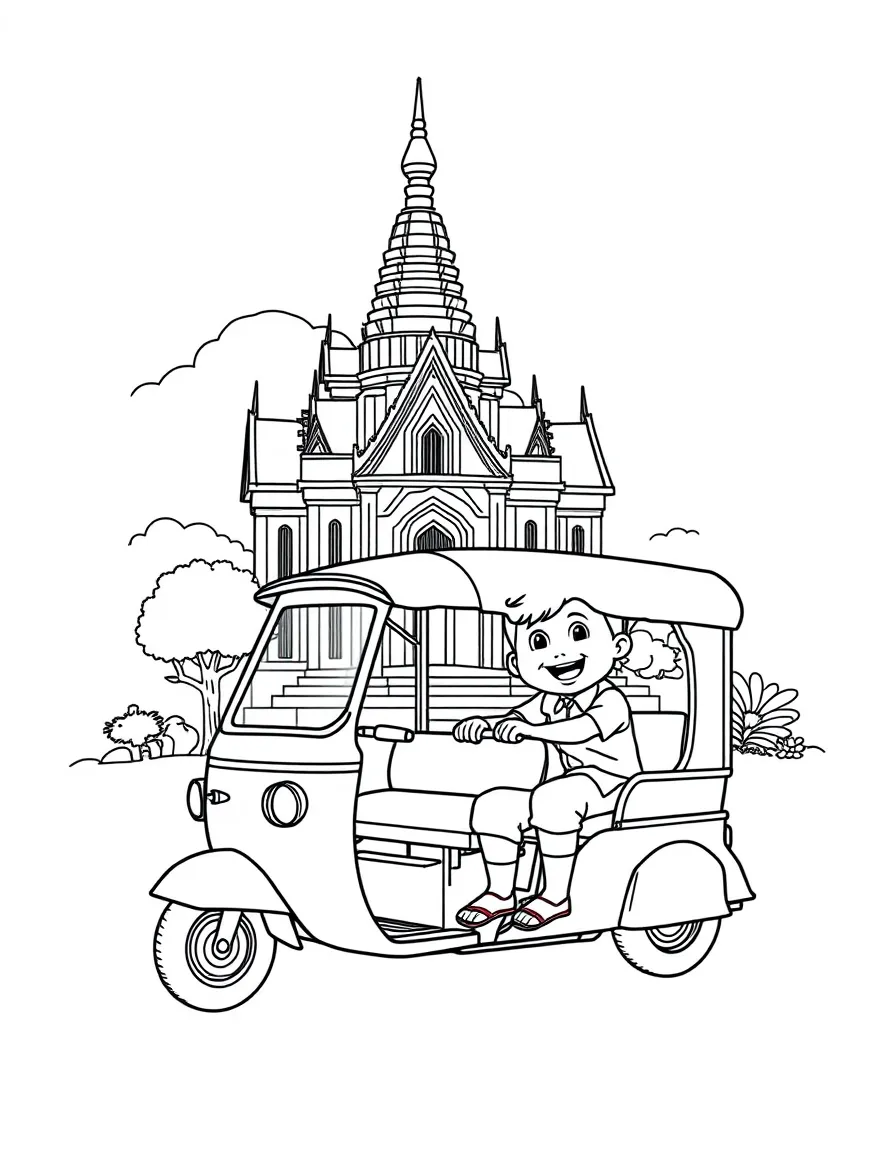 A happy child with a tuk-tuk and a temple for Thailand.