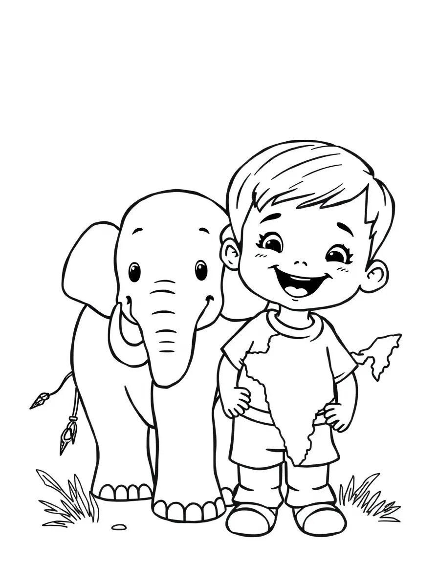 A cheerful child with a elephant and a map of India.